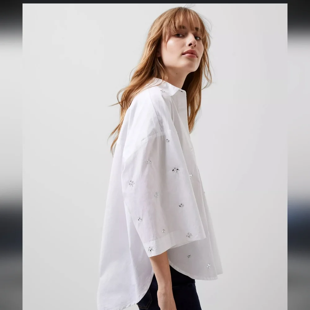 French Connection Rhodes Rhinestone Shirt, Linen White Size Medium - Picture 3 of 11